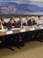 Homeland security Meeting in front of Helnwein's 'Death Valley' painting at the State Capitol, Sacramento, California Homeland security Meeting in front of Helnwein's 'Death Valley' painting at the State Capitol, Sacramento, California